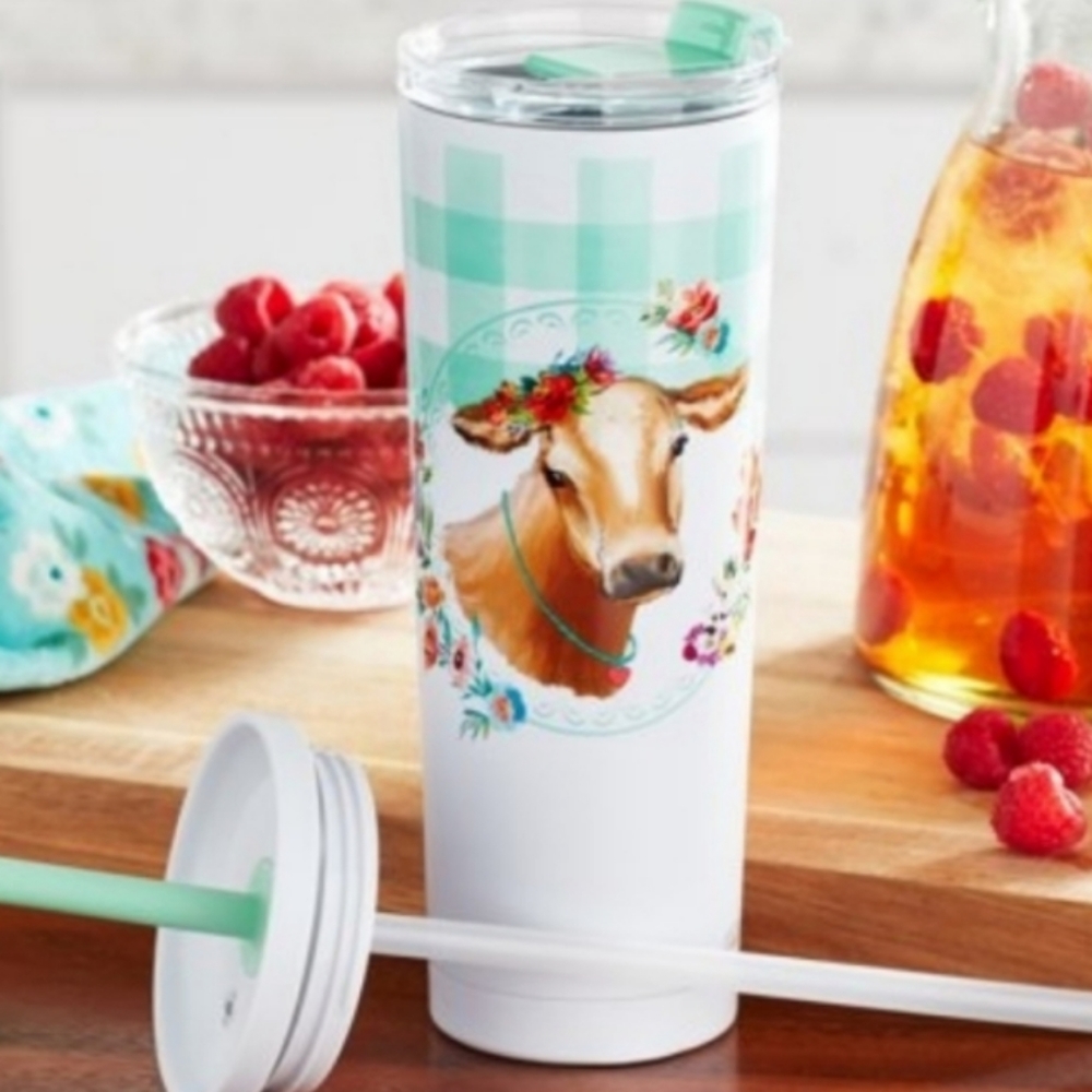 🌺 New Pioneer Woman Gingham Cow Sippy Tumbler with 2 Different Style Lids - Picture 4 of 7